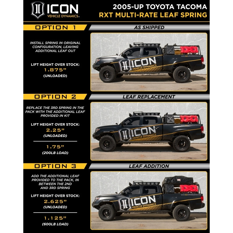 Icon Vehicle Dynamics 158505 Leaf Spring; RXT; 1.875 To 2.625 Inch Lift Depending On Leaf Configuration; Single