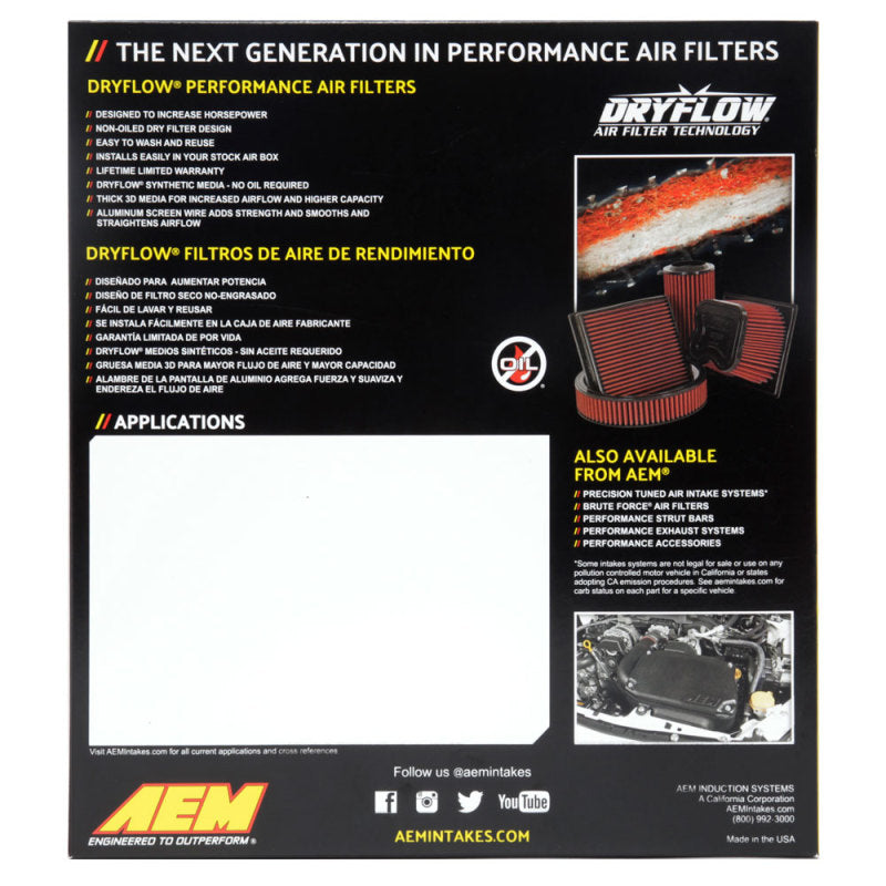 AEM Induction 28-20385 Air Filter; Dryflow ®; Washable